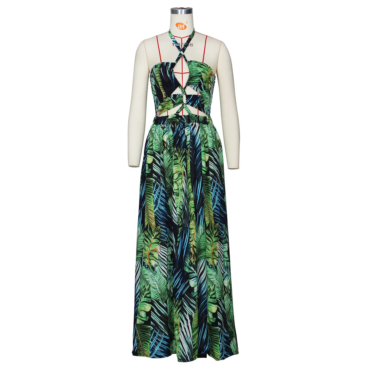

Women Leaf Print Elegant Vacation Beach Holiday Dresses 2020 Summer Female Spaghetti Strap V-Neck Halter Lace-UP Slit Maxi Dress