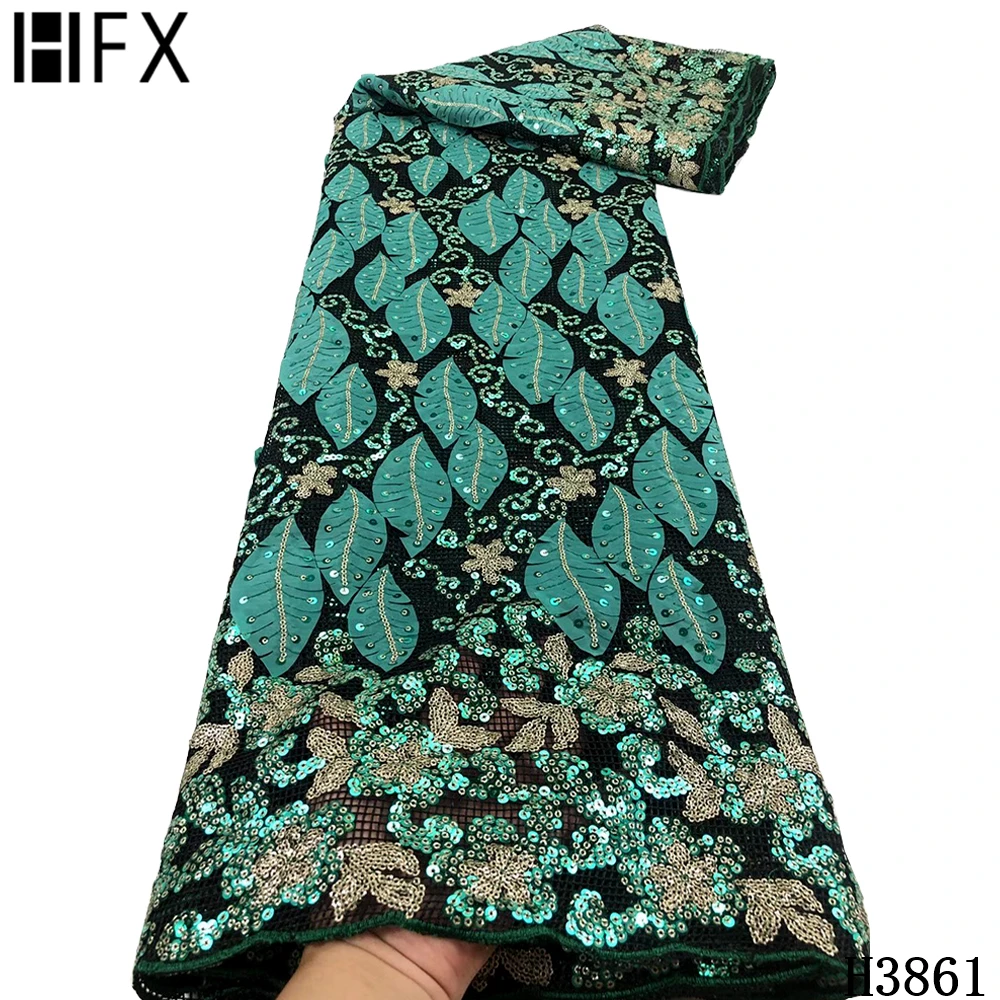 

HFX African Sequins Lace Fabric New Arrival Nigerian Tulle Mesh Lace Fabric For Wedding 3d Sequins Lace Fabrics with Party H3861