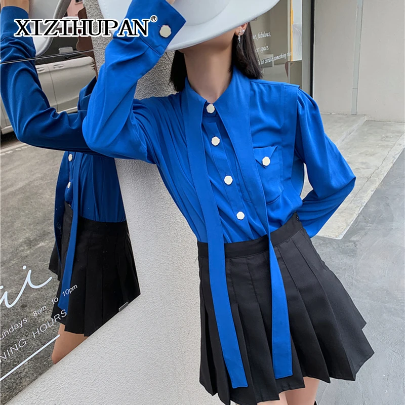 

XIZIHUPAN Blue Casual Shirt For Women Irregular Collar Long Sleeve Patchwork Pocket Buttons Loose Blouse Female Autumn 2021 New