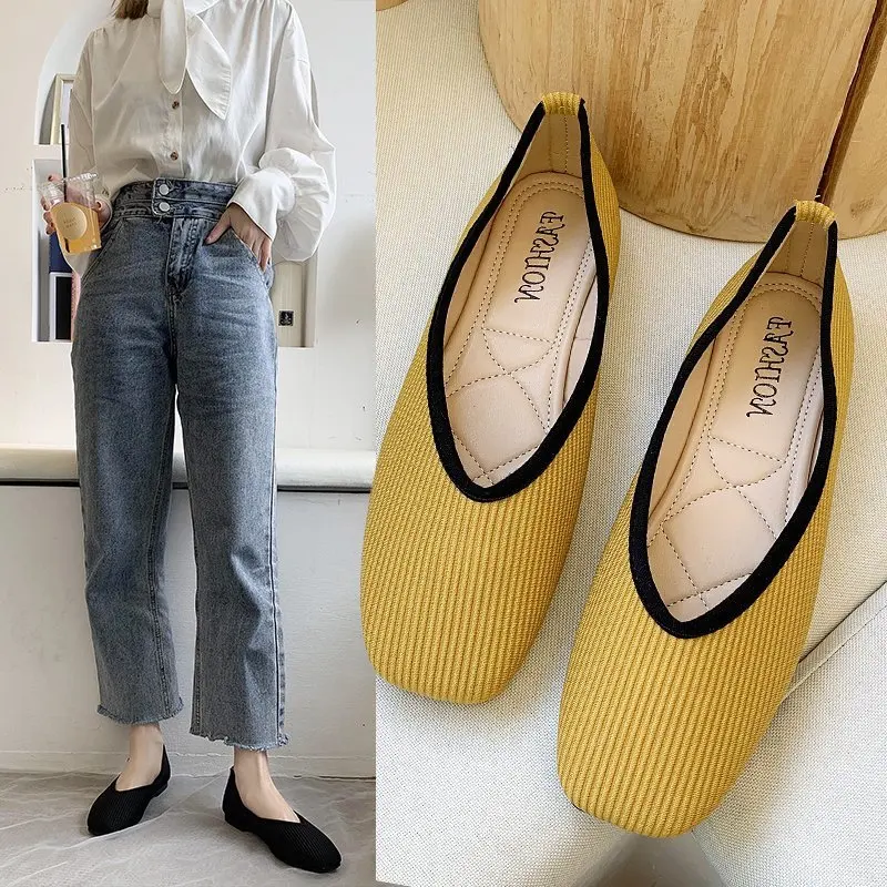 

2021 New Cotton Fabric Flats Shoes Women Yellow Ballerina Socks Shoes Women Loafers Slip on Flat Heel Mule Shoes Plus Size 35-43