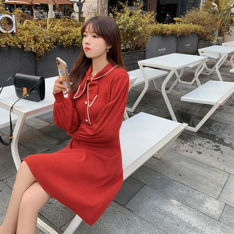 

Red knitted dress female spring 2021 new temperament waist slimming inner base sweater skirt
