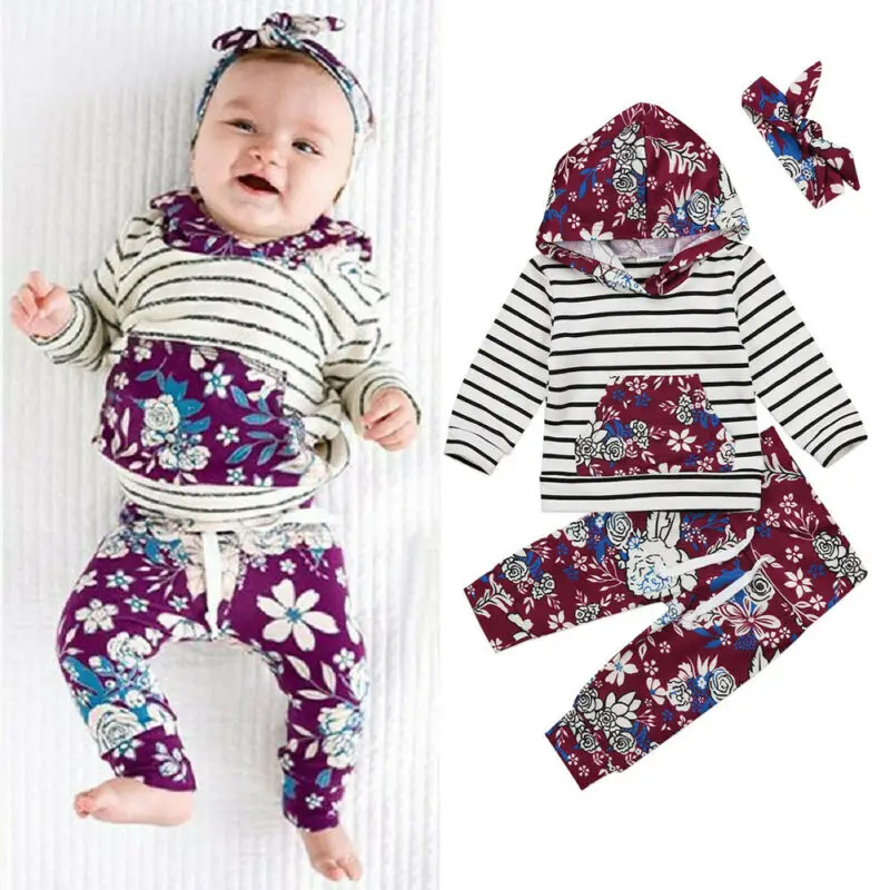 3 шт. полосатый свитер с капюшоном для новорожденных девочек штаны цветочным