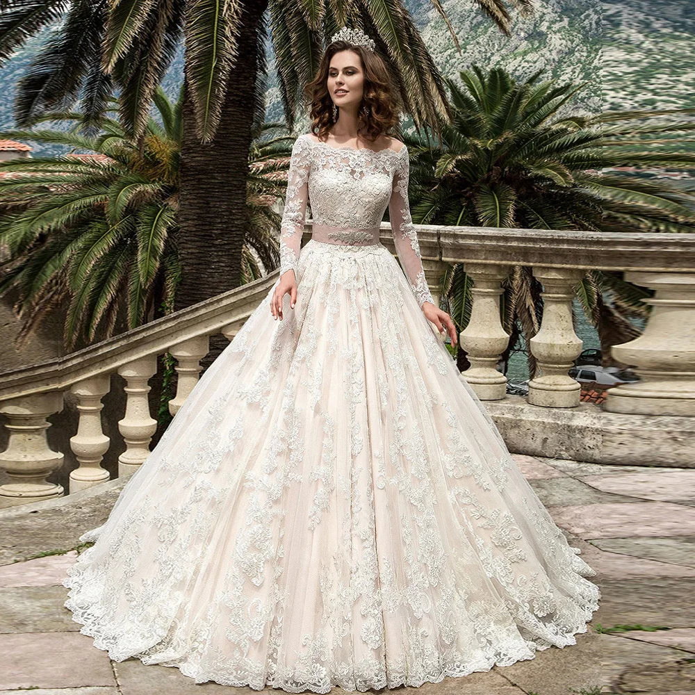 

Кружевное Свадебное платье принцессы, тюлевые элегантные церковные платья с большим хвостом, стильное темпераментное платье невесты на од...