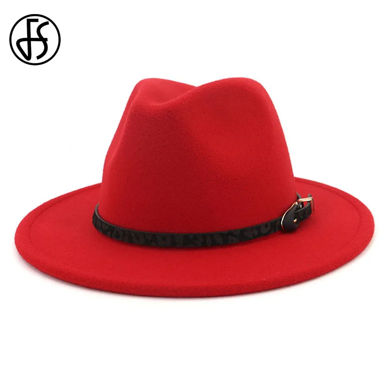 

FS Womens Wide Brim Jazz Hat Party Church Black Red Fedora Top Hats With Leopard Belt Men Wool Felt Cowboy Panama Trilby Cap
