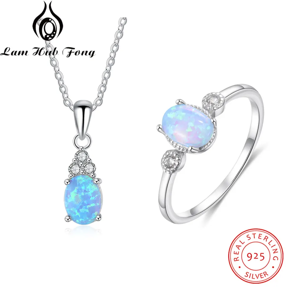 

Women 925 Sterling Silver Jewelry Sets Oval Blue Opal Necklace Ring Set Cubic Zirconia Wedding Engagement Jewelry (Lam Hub Fong)
