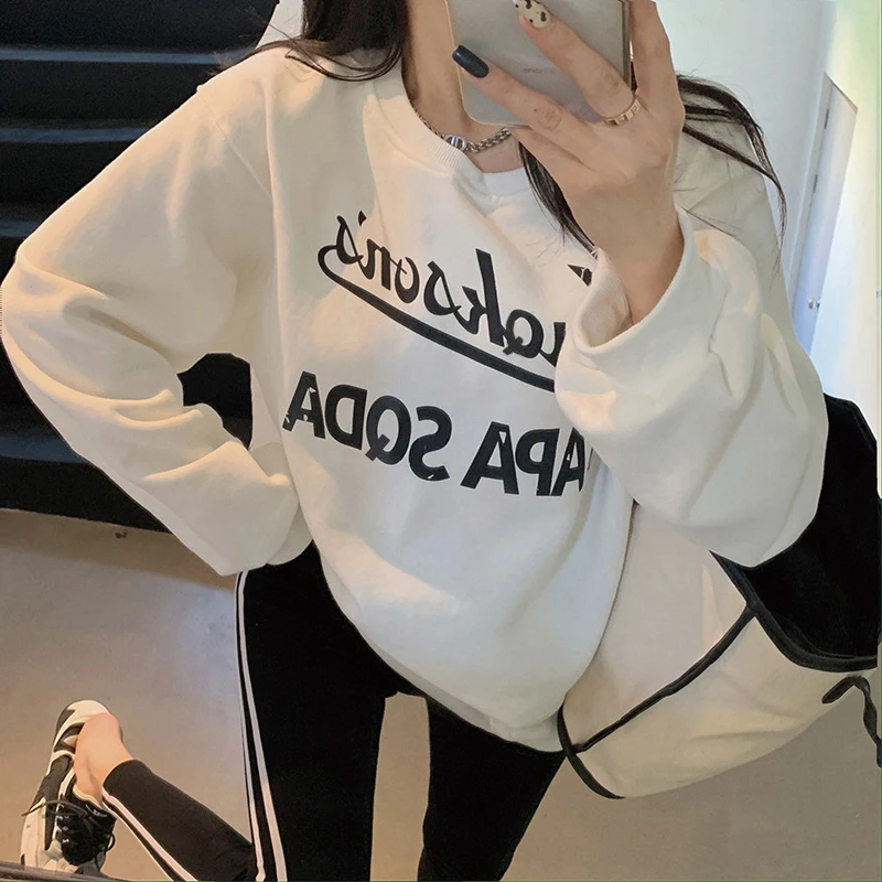 

QRWR Sweatshirt Women Korean 2020 Winter Fashion O Neck Casual Printing And Velvet Pullover Japanese Loose Love Print Sweatshirt