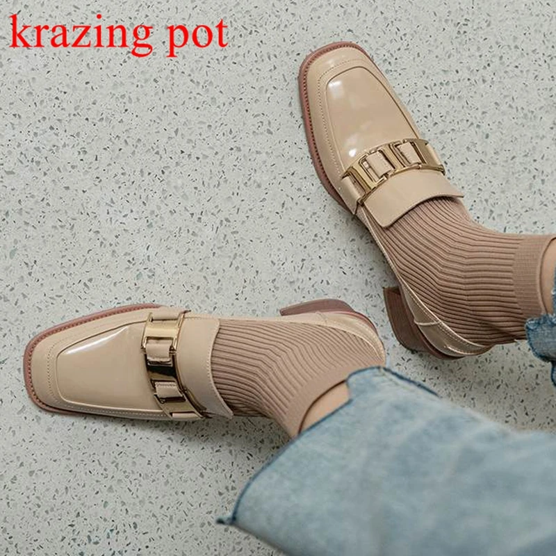 

krazing pot genuine leather square toe metal fasteners med heels med heels model wear slip on elegant knitting ankle boots l12