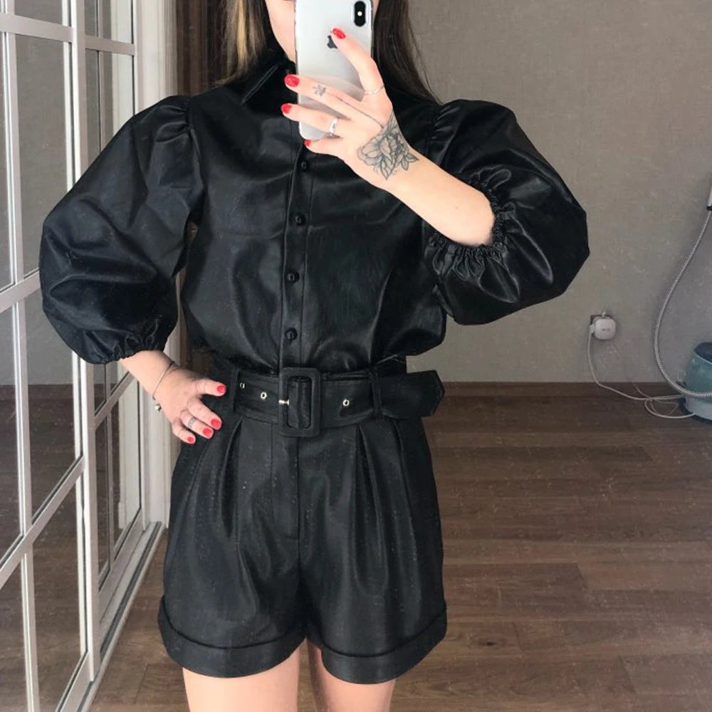 

PU leather Women Blouse Shirts turn-down collar long sleeve faux leather black loose Shirt Women tops and blouses winter clothes