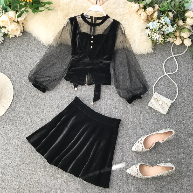 Осенний Женский комплект 2019 новая сетчатая Лоскутная бархатная рубашка с