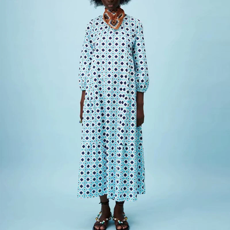 

KUMSVAG Women Summer Print Loose Dress 2021 Vintage 3/4 Sleeve O-Neck Female Elegant Fashion Mid-Calf Dresses Vestidos OYK2508