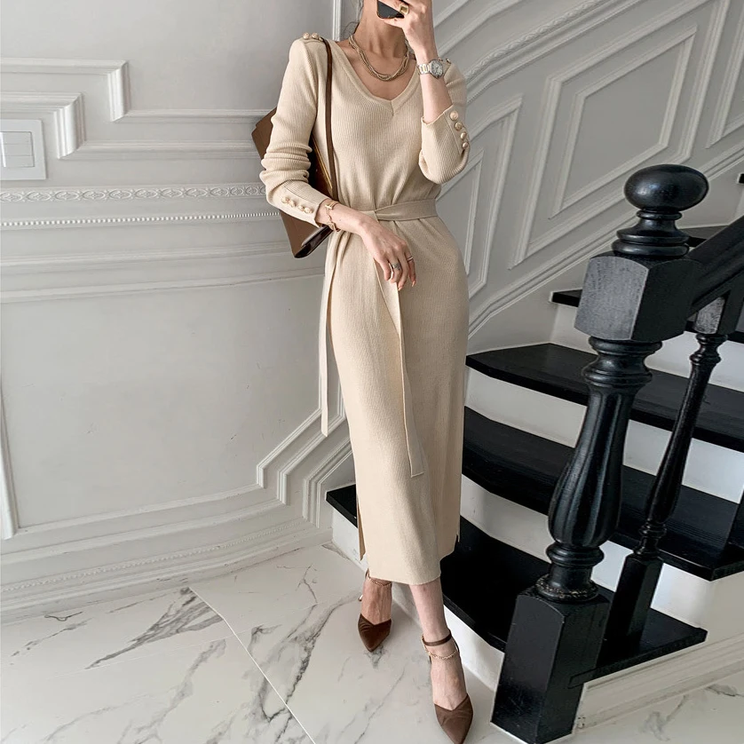 

Шикарное Элегантное трикотажное платье средней длины, сексуальное платье с v-образным вырезом и поясом, винтажное платье с разрезом, женски...