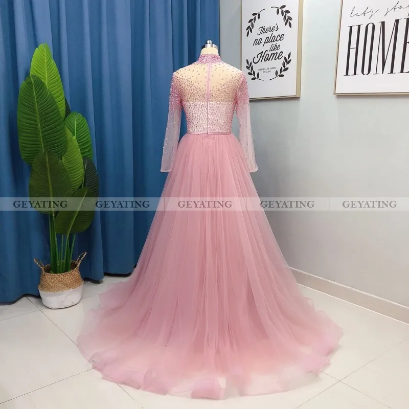 Элегантное розовое пыльное мусульманское вечернее платье с высоким воротником и