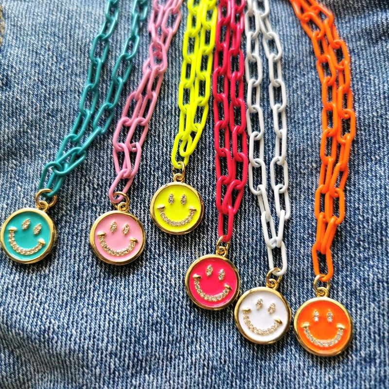

5Pcs Colorful Enamel Happy Smiling Face Cz Pendant Necklace For Women Girl Fashion Jewelry Gifts Accessories