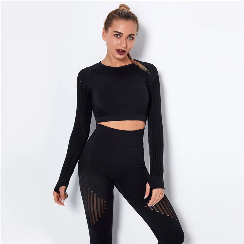 

Hollow Out Sports Shirts Seamless Crop Tops Long Sleeve Fitness Yoga Shirts Gym Workout Sports Tops Fitness Sports Tops Women