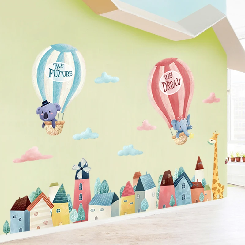 Мультяшные воздушные шары животные картина облака настенные наклейки для