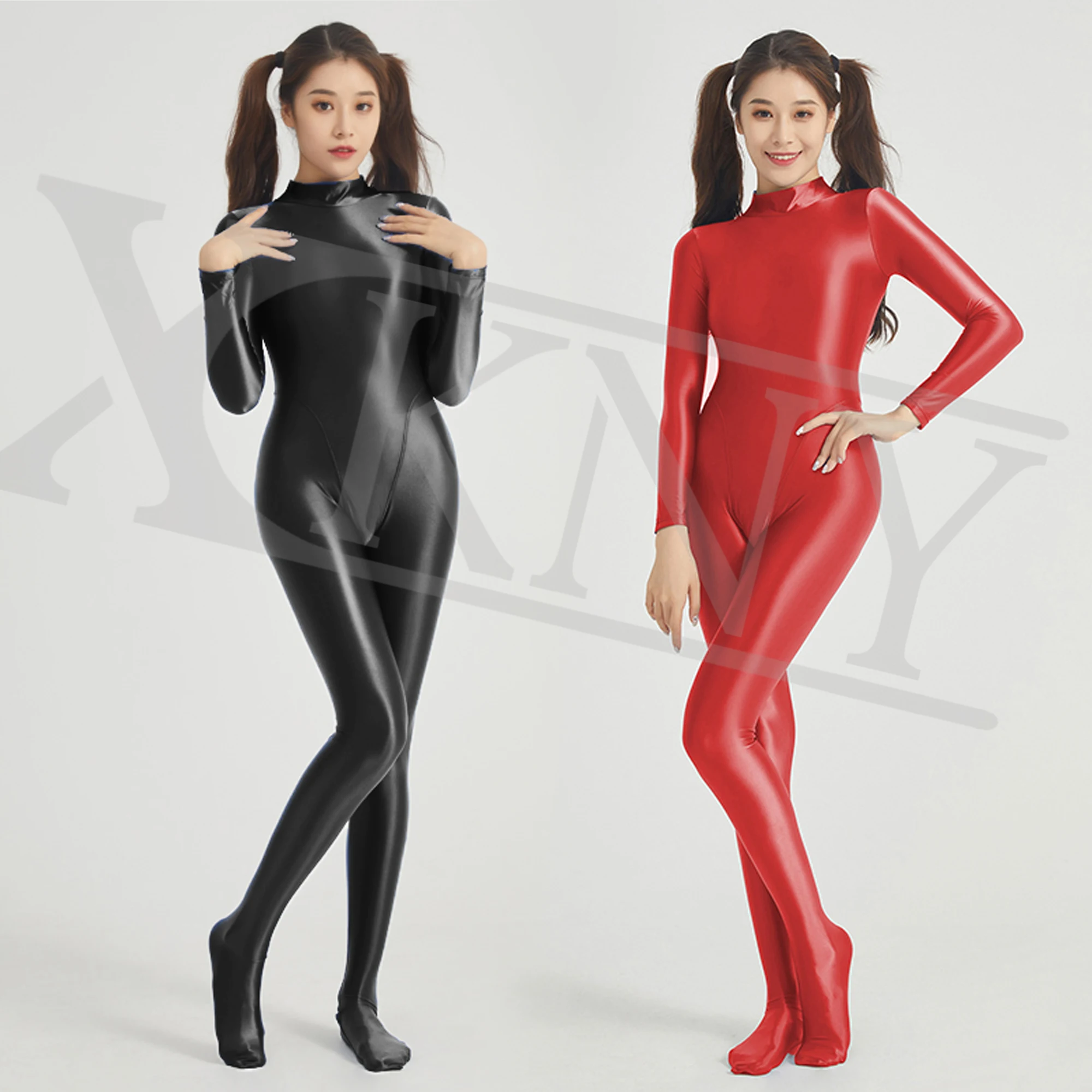 

XCKNY oil glossy One piece suit Sexy shiny long sleeve full body tights slick running Jumpsuit Yoga casual pantyhose sportswear