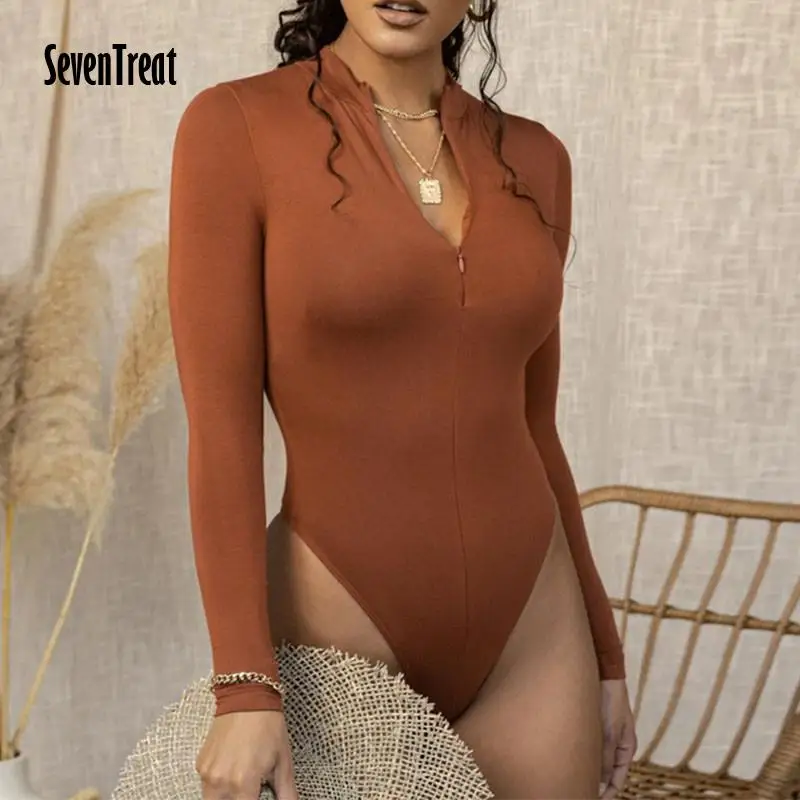 

Solid Zipper Bodycon Bodysuit for Woman Black Autumn Long Sleeve Sexy Bodysuit Women Basic Body Female White Top Romper