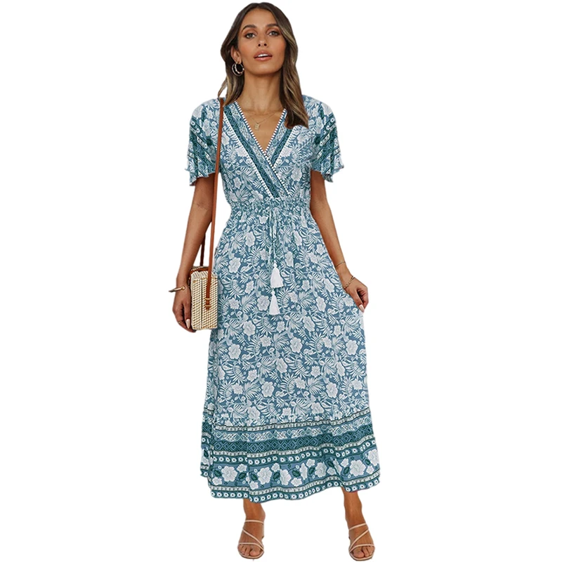 

Summer Maxi Dress For Women 2022 Vintage Print Sundress Casual Short Sleeve Beach Dress Plus Size High Waist Dresses Female Robe