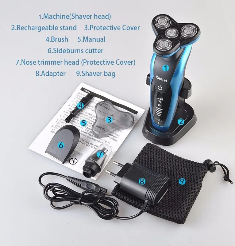 Триммер для бороды IPX7 перезаряжаемый 3 в 1 водонепроницаемый 4D плавающие головки