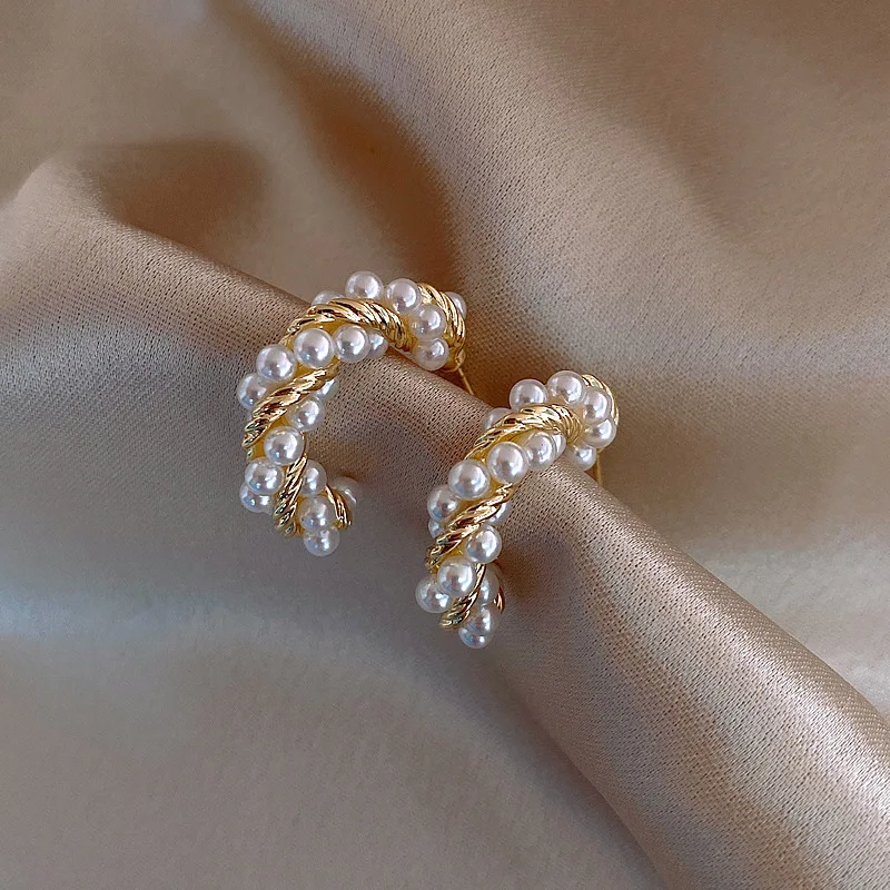 Pendientes de aro con perlas de imitación para mujer  aretes hechos a mano  Estilo Vintage  coreano