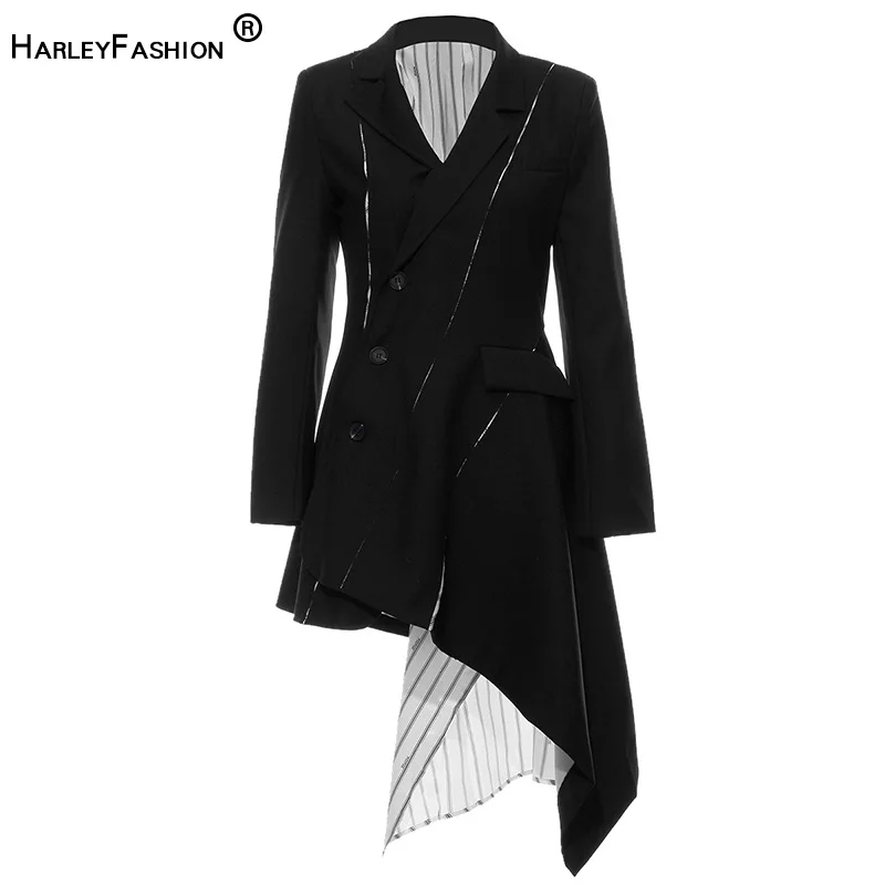 HarleyFashion Европейский Американский уличный дизайн для женщин индивидуальный ассиметричный пиджак полосатая подкладка черные блейзеры