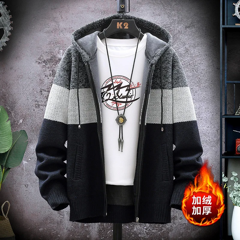 

Hongxing Erke men's cardigan sweater 2021 autumn winter new sweater hooded handsome sweater Plush coat