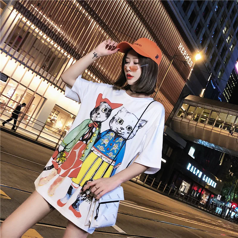 

T-shirt Women Short Sleeve Long Cartoon Kawaii Loose Womens T Shirt Hip Hop All-match Daily Student Korean Tees Female Clothing