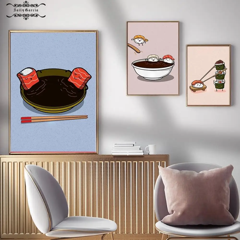 

Funny Cartoon Sushi Poster Print Japanese Foods Sushi On Bicycle Canvas Painting Kitchen Restaurant Wall Art Pictures Home Decor