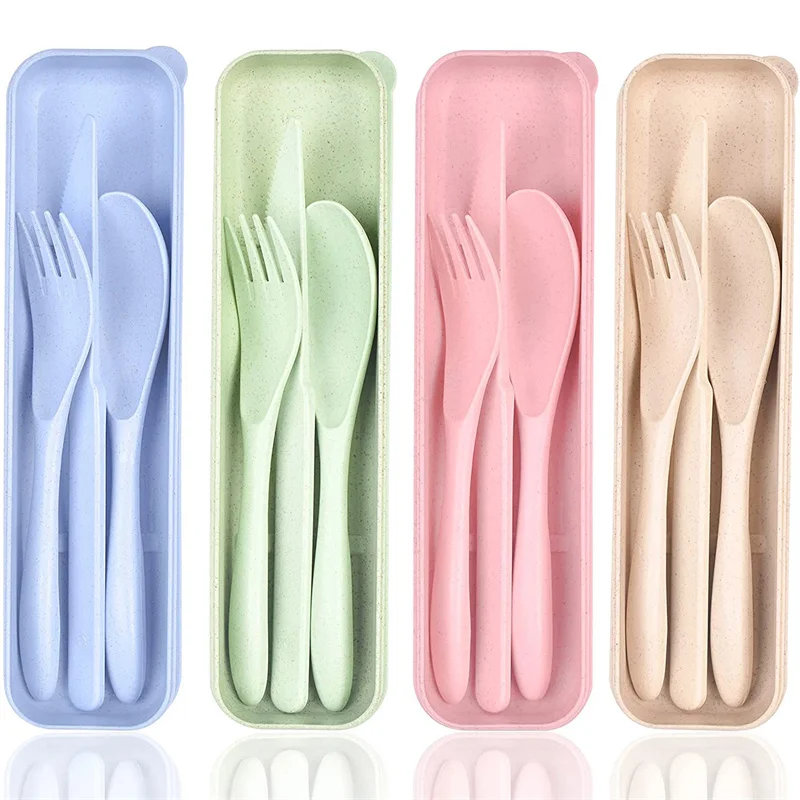 

4set wheat straw cutlery portable cutlery spoon cutlery set with box suitable for children adults travel picnic camping daily