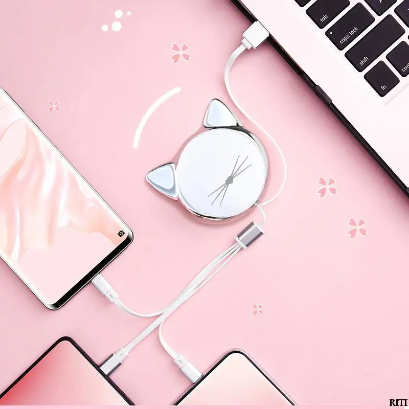 

Cute Kitten Three-In-One Telescopic USB Charging Cable Phone Data Cable For Apple/Android/Type-C Mobile Phone Data Cable