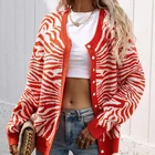 Модный красный кардиган в полоску зебры, свитер, Женская Повседневная приталенная куртка на пуговицах, Женская осенне-зимняя разноцветная верхняя одежда, Новинка