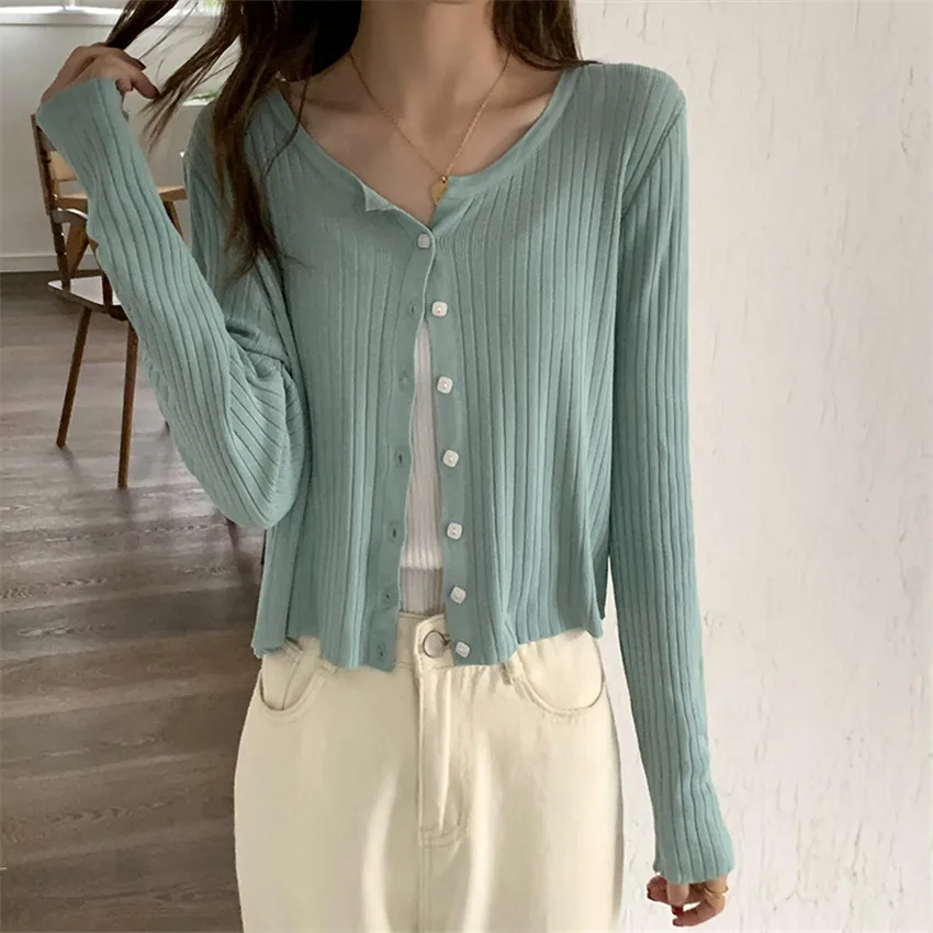 

Spring Autumn Thin Knitted Cardigan Women Long Sleeve Solid Knit Sweater Coat Cardigans Mujer Crop Top Pull Femme