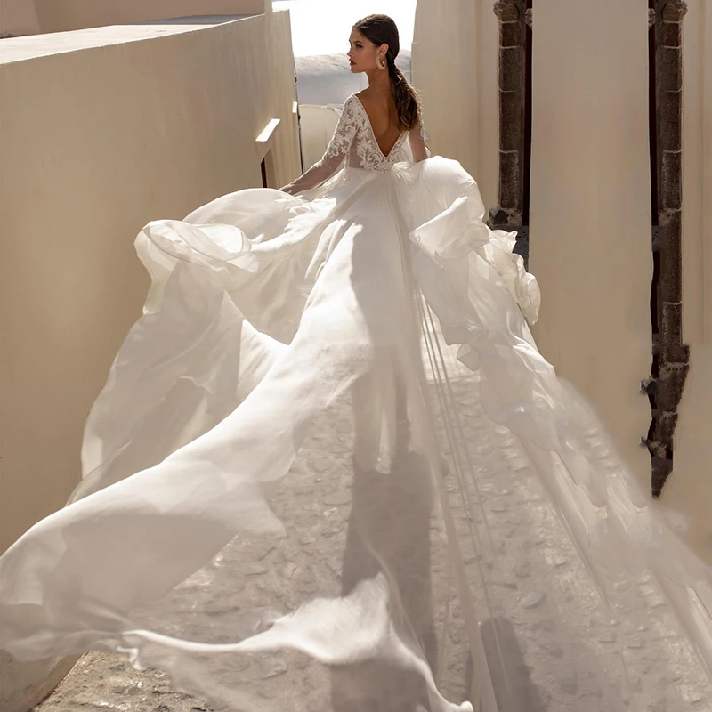 

Eightale Bohemian Wedding Dress with Detachable Chiffon Skirt Tulle Long Sleeves Appliques Lace Bridal Gown vestido de noiva