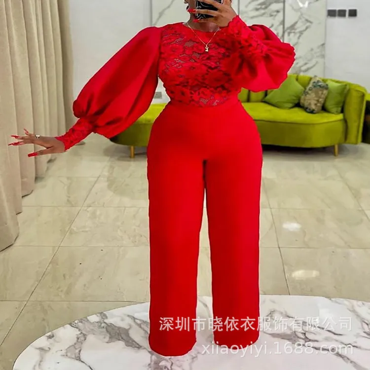 

Autumn Women Fashion Lantern Sleeve Loose Wide Leg Jumpsuit Sexy Lace Tops and Straight Pants Palysuits Lady Party Office Romper