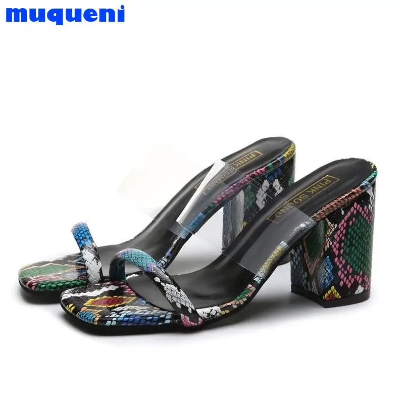 

MUQUENI Ladies New 2021 Sandals Fish Mouth Toe 8cm Square High Heels Transparent Simple Candy Color Casual Holiday Summer Shoes