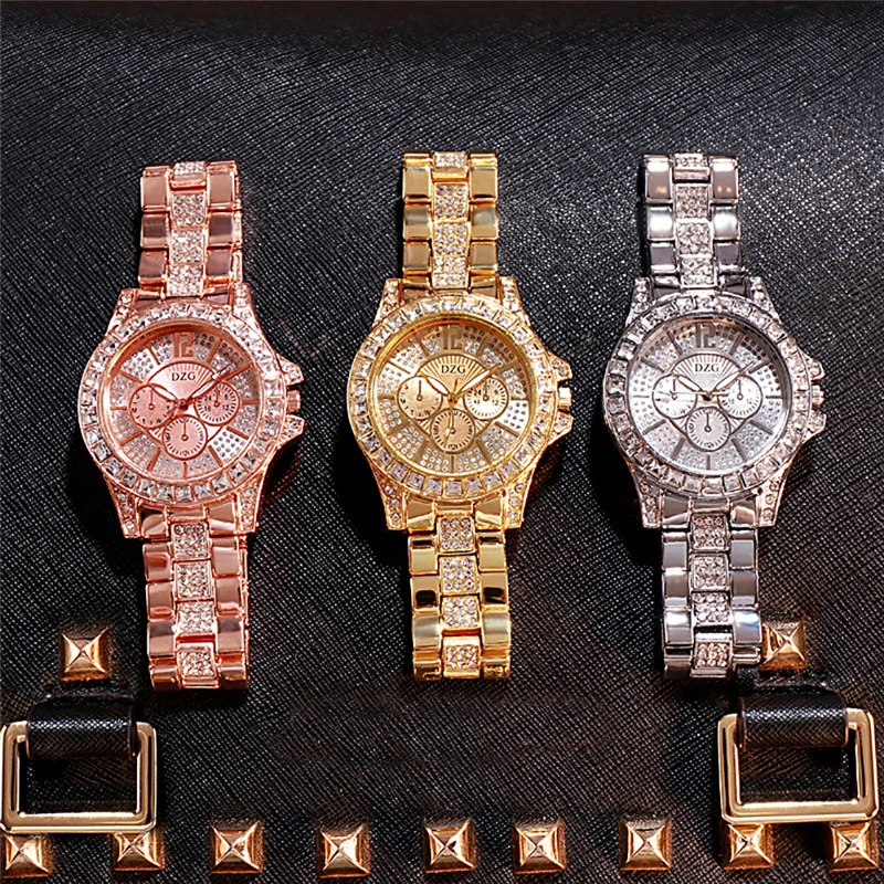 Женские трендовые роскошные часы из нержавеющей стали трехцветные алмазные