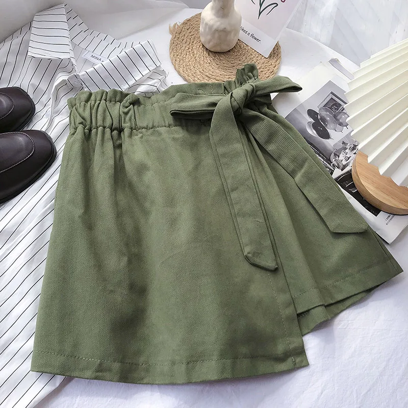 

Bow tie elastic high-waist A-line casual skirt pants women's wild thin solid color wide-leg shorts