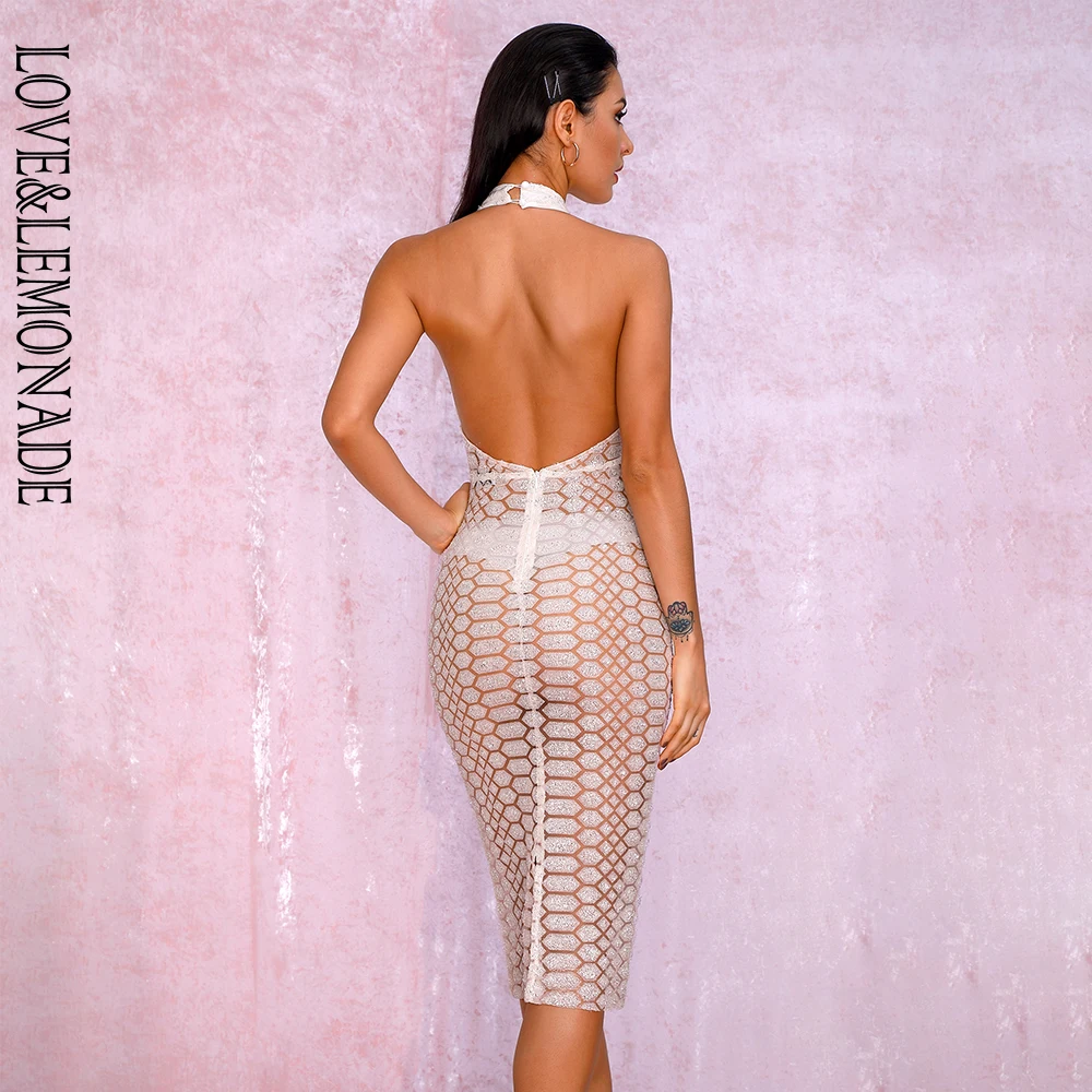 LOVE& LEMONADE A/W сексуальное Белое Платье До Колена с открытой спиной и сеткой с наклеенными блестками LM82019