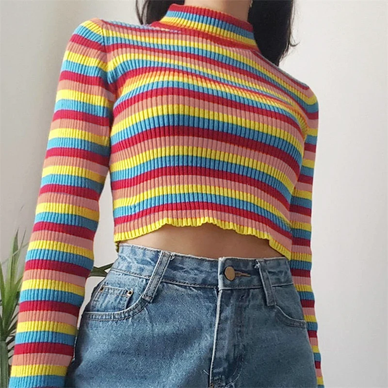 

Women's Warm Sweater Female 2019 New Fashion Rainbow Sweater Ladies High Collar Short Corp Tops Femme