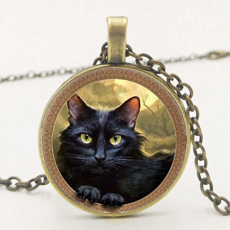 

Statement Jewelry Cute Sweater Chain Steampunk Long Chain Glass Pendant Necklace Moon Black Cat and Fairytale Pattern Round Gift