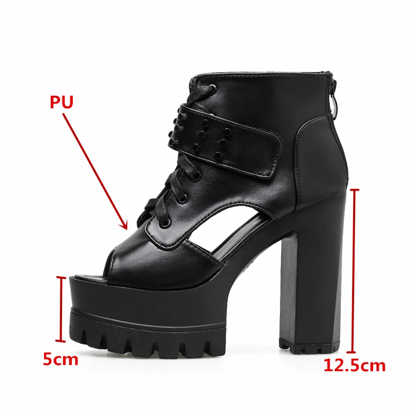 

GXCMHBWJ Fashion Rivet Women's Sandals 2021 Summer Lace Up Peep Toe High Heels Platform Shoes Punk Black PU Leather High Quality