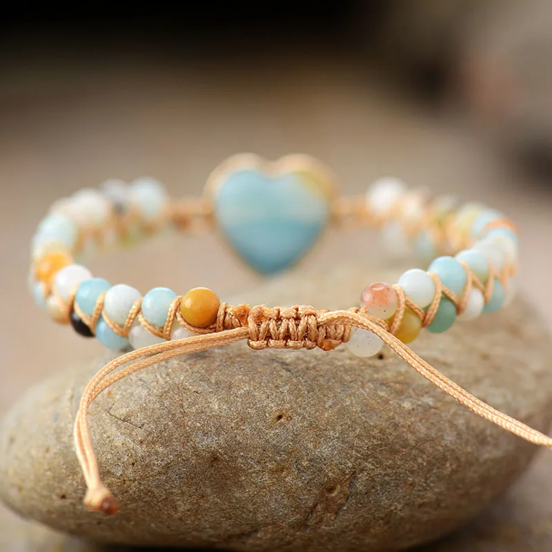 

Classic Heart Shape Charm Bracelets Amazonite String Braided Macrame Bracelets Teengirls Wrap Bracelet Femme Women Jewelry