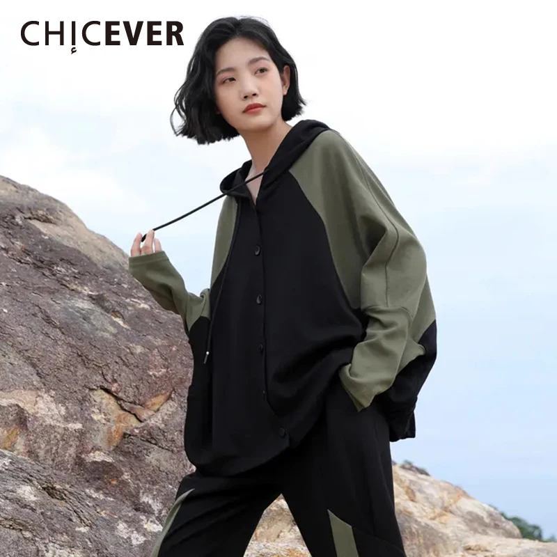 

CHICEVER, корейская мода, однобортное пальто для женщин, с капюшоном, воротник, длинный рукав, пэчворк, цветное, пальто, женская одежда, новинка