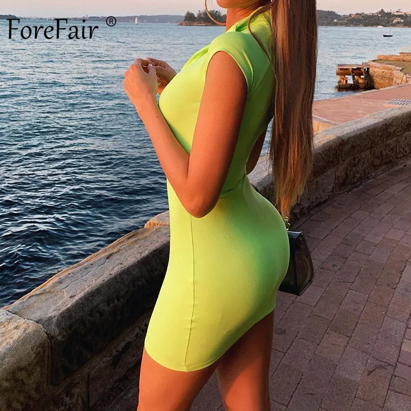 Forefair Сексуальное мини платье неон на молнии с коротким рукавом обтягивающее