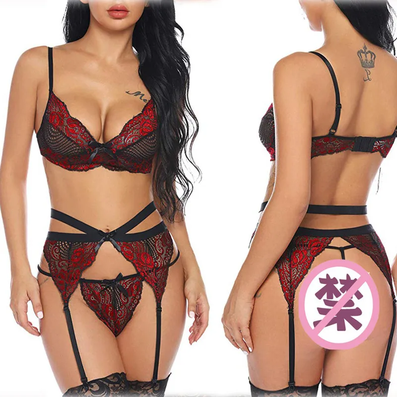 

Exotic Underwear Set Sexy Lingerie For Women Bra Lace Hollowed Out Three Piece Set Erotic Thong Costumes Temptation Large Size