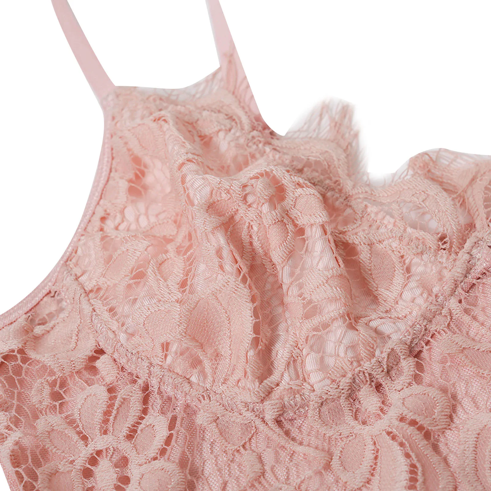 

Sexy Women Bodysuit Lace Floral V-Neck Spaghetti Strap Romper Hollow Out Lingerie for Women, Pink, M/L/XL