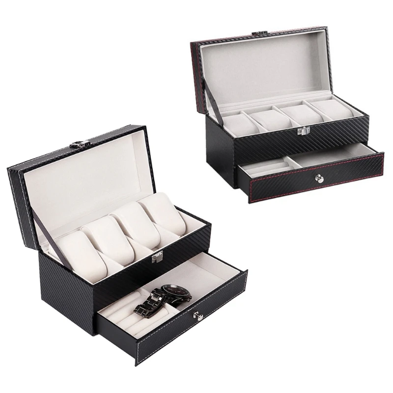 

Y1UE 4 Grids Double Layers Watch Box Case Carbon Fiber PU Watch Jewelry Rings Earrings Display Storage Holder Organizer