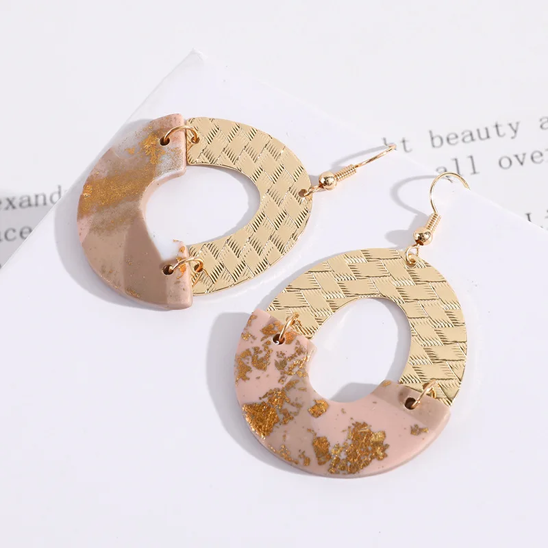 Полукруглые Лоскутные серьги ручной работы из полимерной глины золотого цвета с