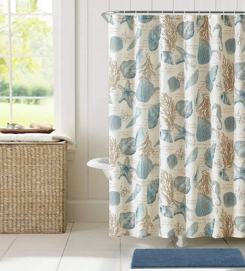 

Starfish and Seashells Ivory Bathroom Shower Curtain with 12 Hooks Bathroom Accessories Water Proof Fabric Decorative