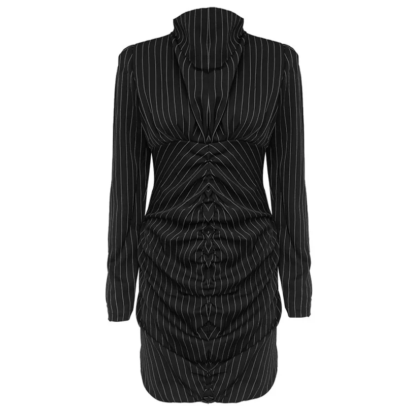 

European women's summer new fashion brand stand collar stripe slim slim pleated dress women's fashion